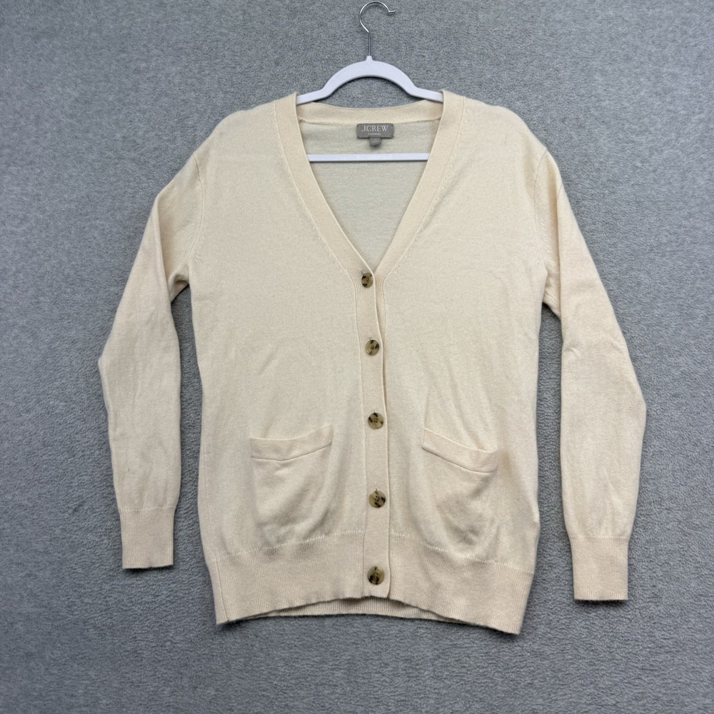 J Crew Women Cardigan 100% Cashmere V-Neck Beige Button Long Sleeve Size XS